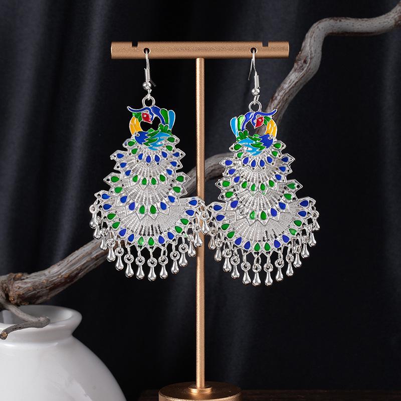 Imitation Miao Silver Minority Totem Phoenix Bell Earrings Jingtai Blue Peacock Earrings Scenic Earrings Earrings