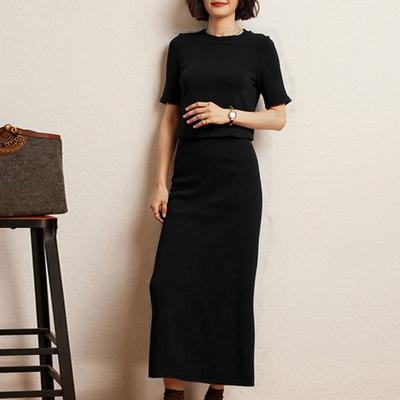 Conjunto de Falda de Verano para Mujer Top Corto de Manga Corta con Cuello Redondo y Conjunto de Falda Maxi de Cintura Alta Traje de Dos Piezas Tejido