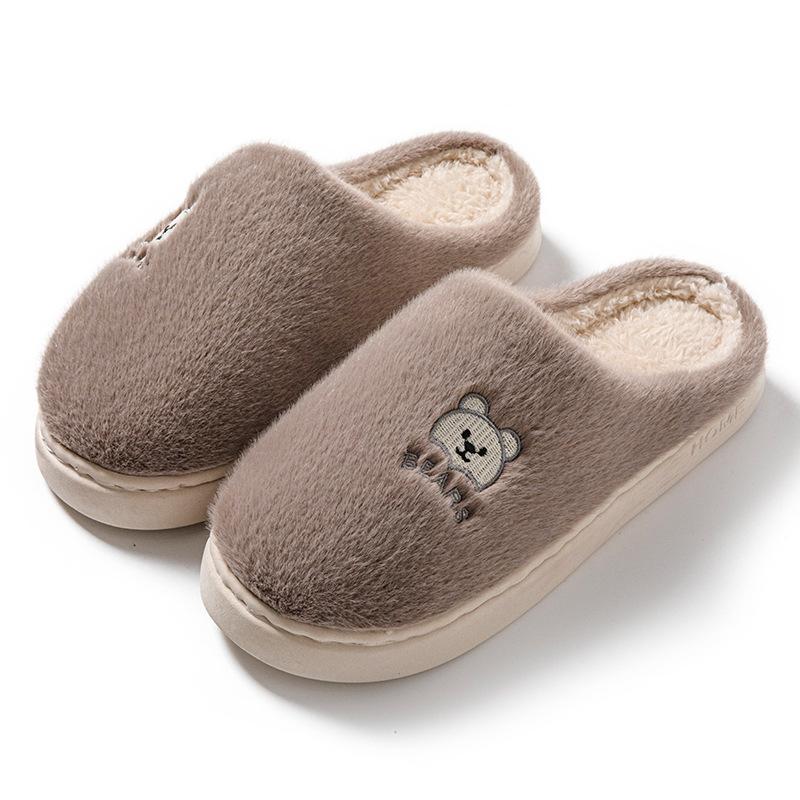 Cotton Slippers Women's Autumn and Winter Home Wear-resistant Cartoon Embroidery Warm Non-slip Thick-soled Embroidery Plush Couple Confinement Shoes