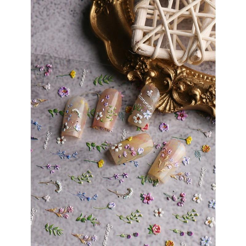 1pc Spring & Summer Floral Embossed Nail Art Stickers, 5D Adhesive Nail Decorations For Acrylic Nails, Women & Girls Nail Art Supplies