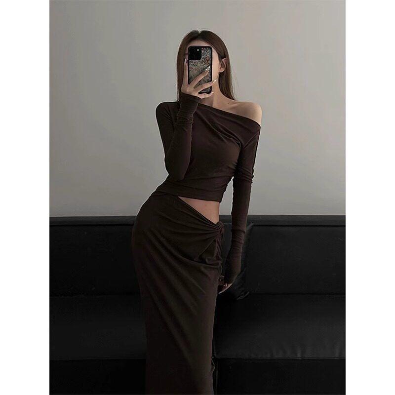 

Huax Day Hair Sexy Sexy Oblique Shoulder Midriff Outfit Long Sleeves Dress Women s Early Autumn Elegant Twisted Hip Dress Dress S