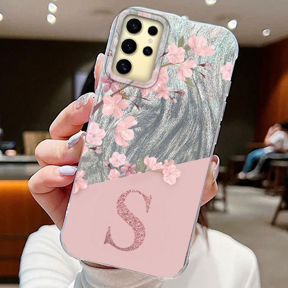 

Чехлы для телефонов с буквами A Z для Samsung S25 S24 S23 S22 S21 Plus Ultra S23 S21 FE Чехол Розовые цветы Силиконовый Прозрачный Fundas Бампер из ТПУ Samsung S24 FE