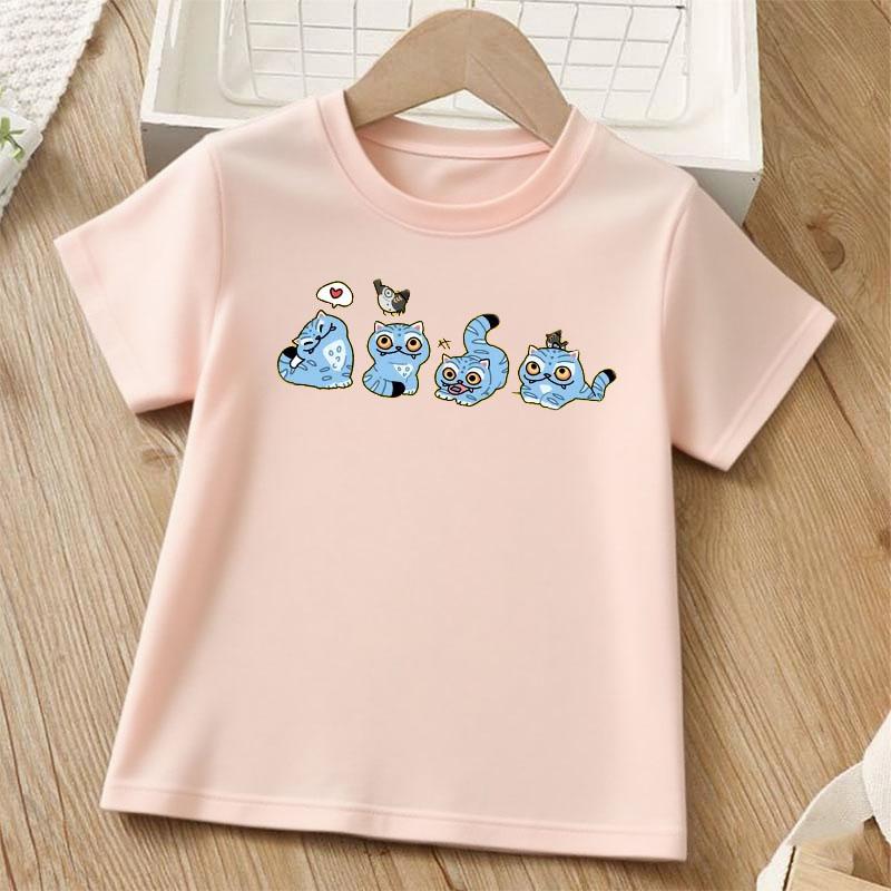 Blue Tiger Printed Children T-shirt Summer Girls Casual Loose Kawaii O-Neck Short Sleeve Colorful Tops Children Clothing