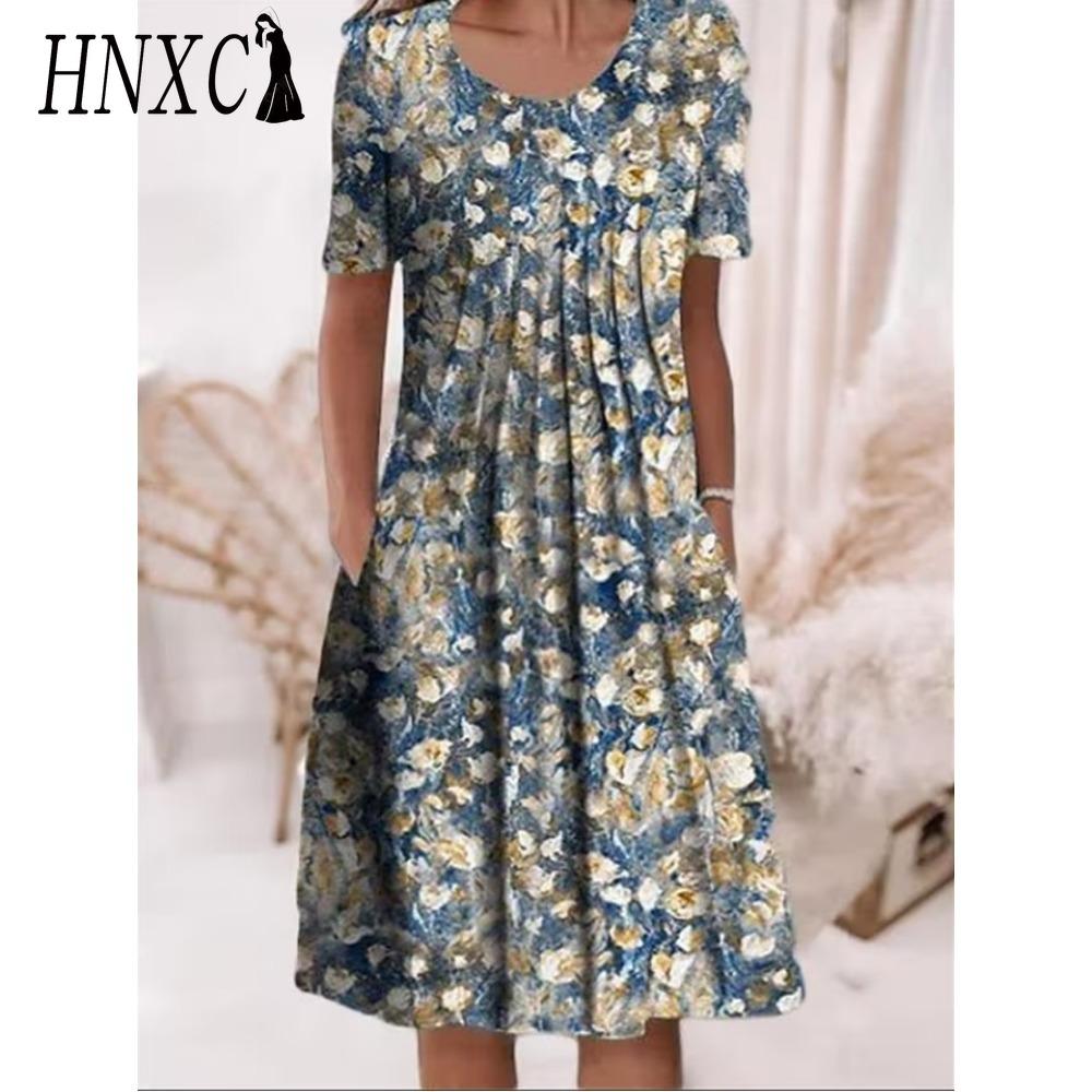 HNXC 30 Color Pleated Midi Dress Short Sleeve Round Neck Loose Hem Mid-Calf Length Women Floral A-Line Party Dress Casual Wear