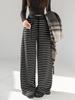 2025 Winter High-Waisted Coffee Striped Plush Pants for Petite Women: Loose, Wide-Leg, Straight-Leg Style.