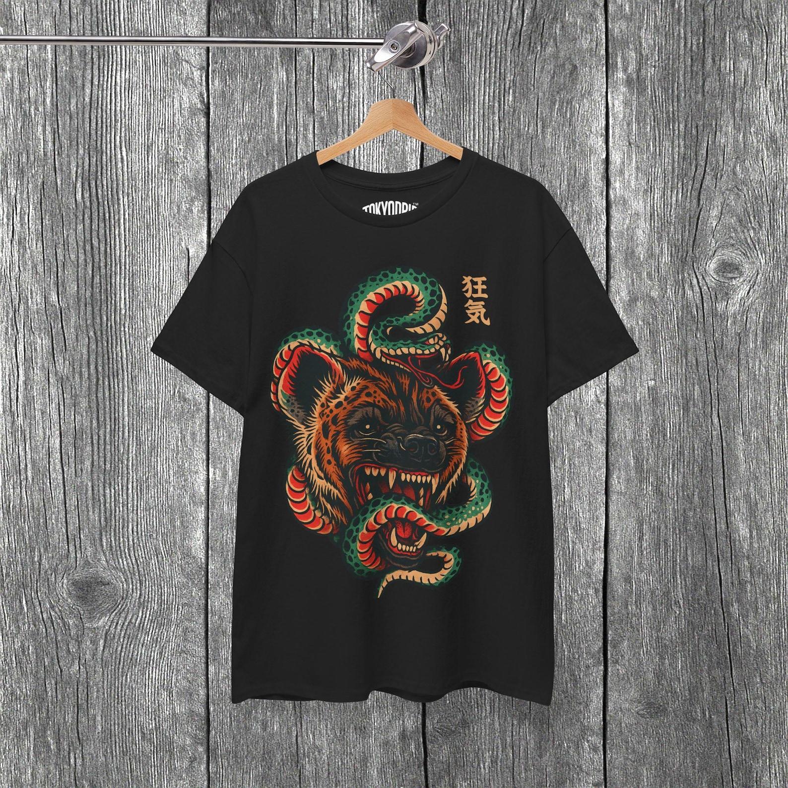 Hyena & Snake Tattoo Graphic T-Shirt: Dark Urban Streetwear 3XL