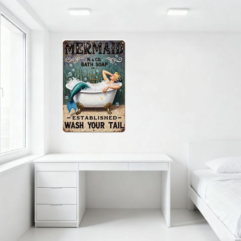 Vintage Mermaid N. & CO. Bath Soap Metal Tin Sign 1950s Style with Clawfoot Tub, Seaweed & Bubbles for Home Bar Man Cave Decor