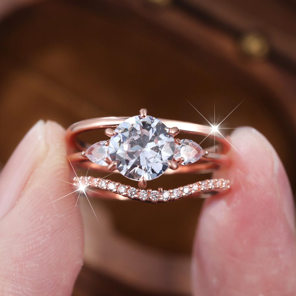 Rose Gold Three-ring Set Main Diamond Water Drop Cubic Zirconia Stackable Ring