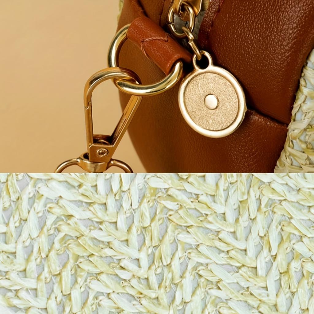 Lightweight Woven PU Contrast Color Round Crossbody Bag with Adjustable Detachable Strap - Large Capacity Zipper Closure for Beach, Commuting