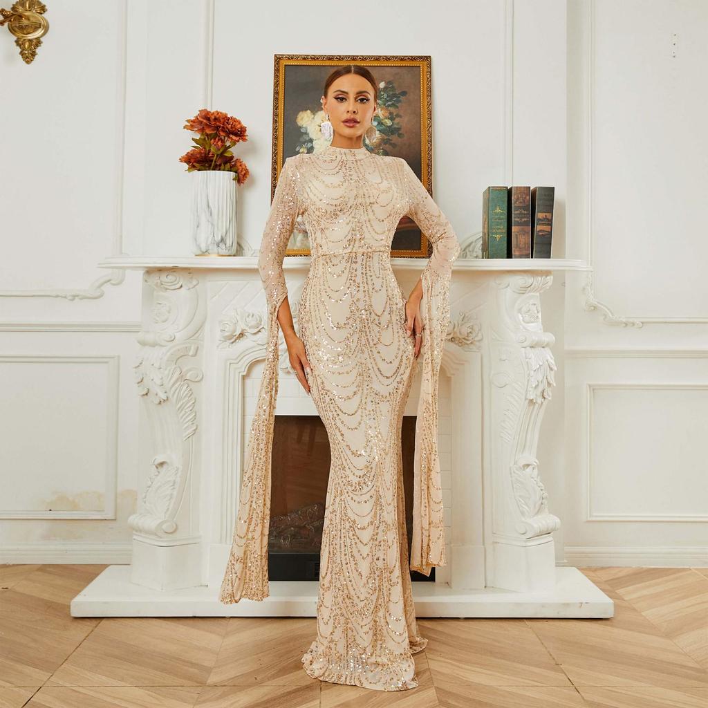 Elegant Sequined Long-Sleeve Evening Gown for Women