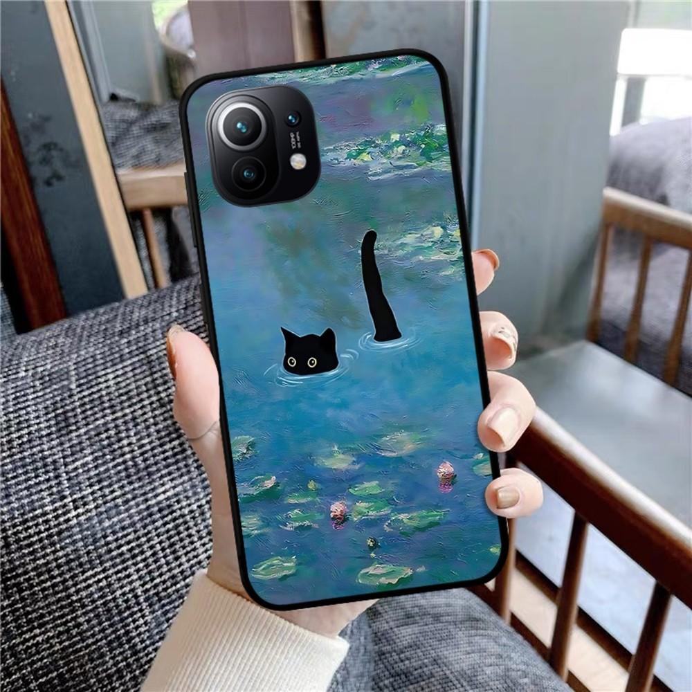 Cartoon Animal Black Cat Oil Painting Phone Case For Xiaomi Mi 5X 8 9 10 11 12 Lite Pro 10T PocoX3pro PocoM3 Note 10 Pro Lite