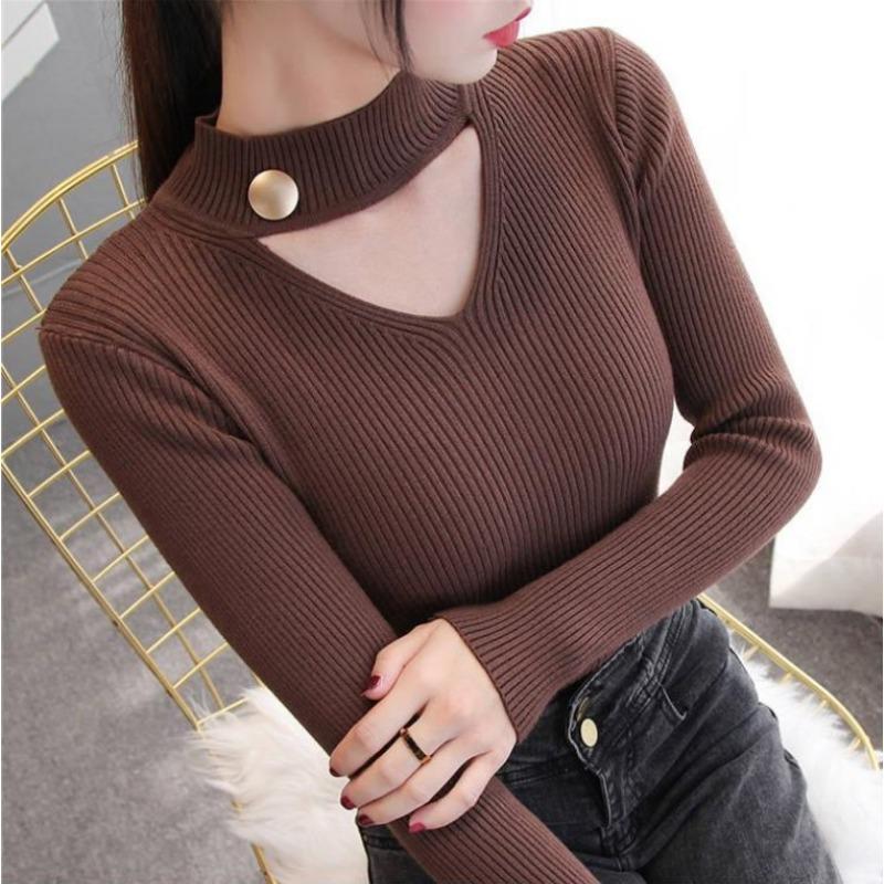 Hollow Hanging Neck V-neck Long-sleeved Autumn and Winter Sweater Women's Slim Knitted Bottoming Shirt Tops
