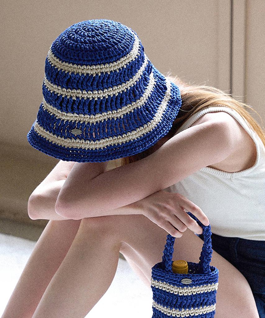 Seullouseulloulli Moroccan Handmade Crochet Striped Bucket Hat _ Blue