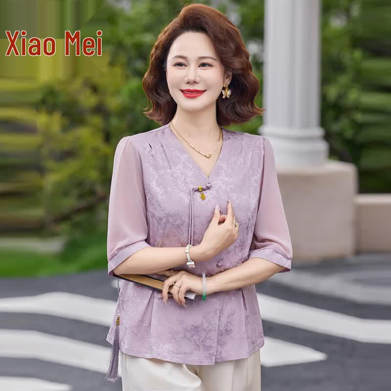 Xiaofu New Chinese Style Embroidered Summer Shirt for Middle-Aged Women 5XL
