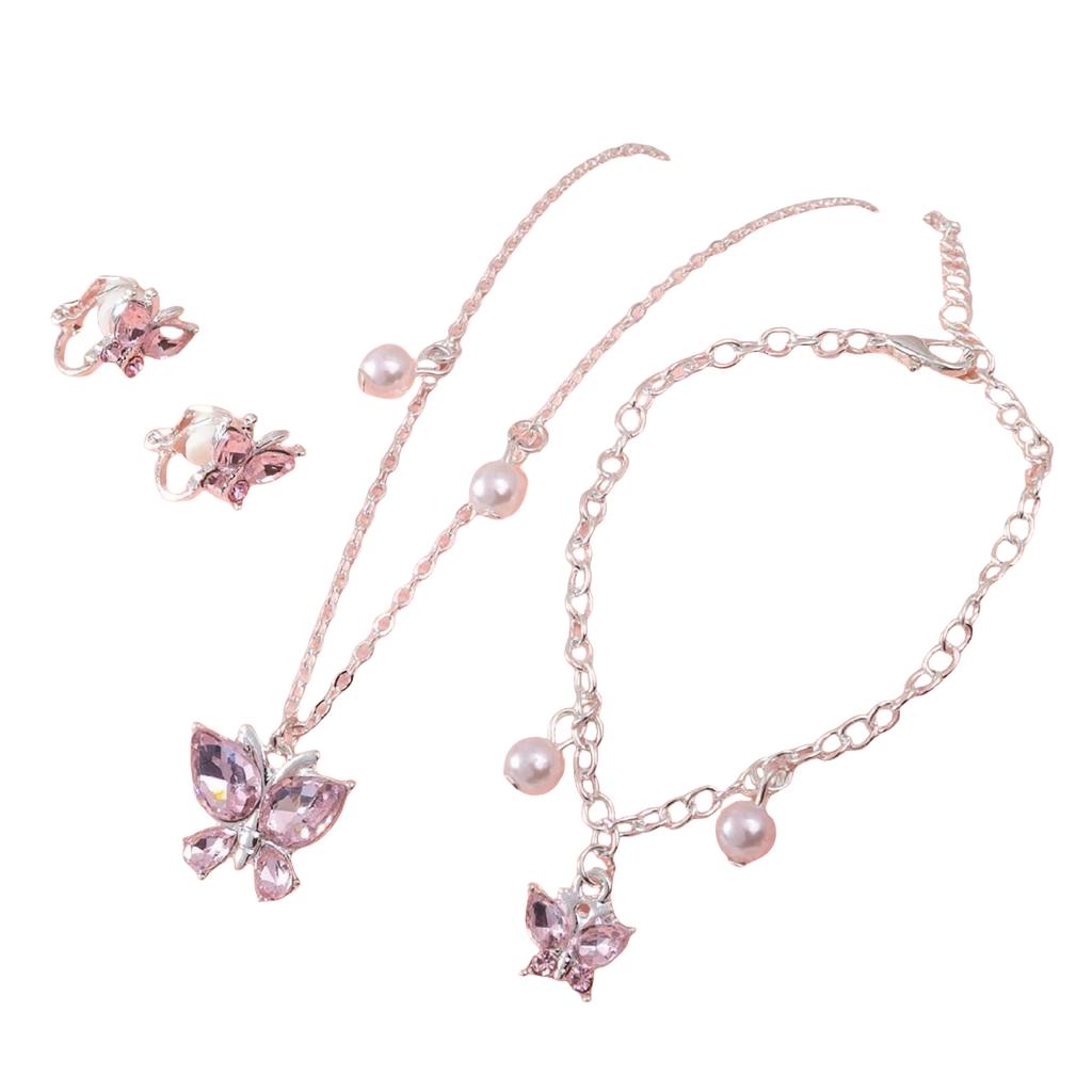 European and American pink purple simple generous butterfly necklace ear clip bracelet 3 pieces girl children's Zircon