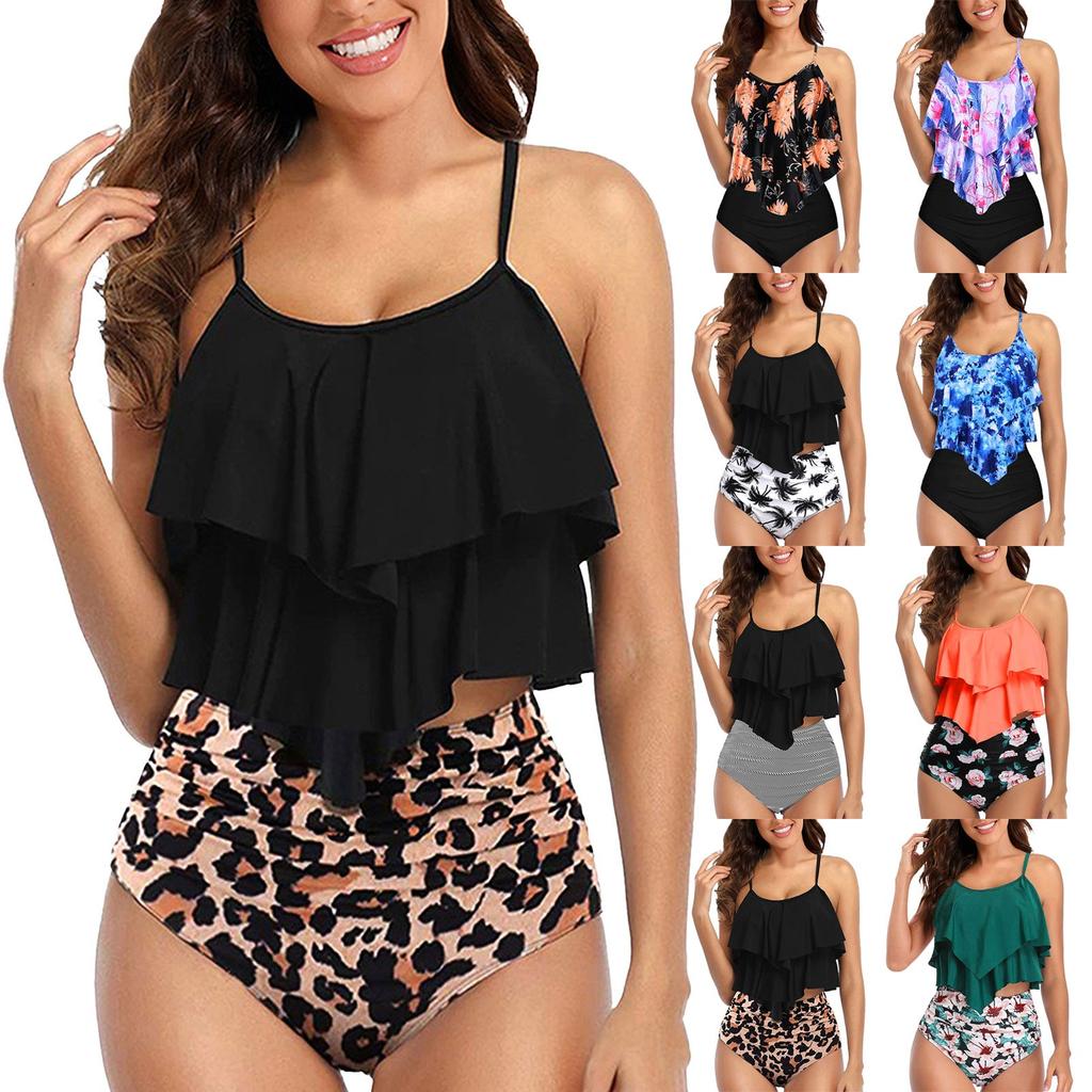 Dames Vintage Zwempakken Vrouwelijke Ruche Geplooide Split Zwempak Elegant Conservatief Zwempak Hoge Taille Broekjes Temperament Bikini