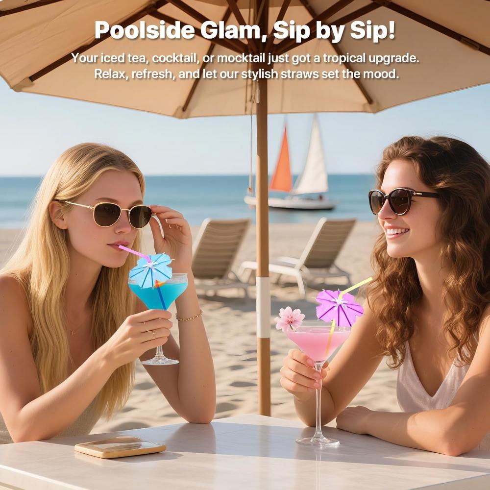 50pcs Fun Umbrella Drink Straws Tropical Cocktail Straws with Mini Umbrella Tiki & Hawaiian Party Decorations Colorful Parasol Straw