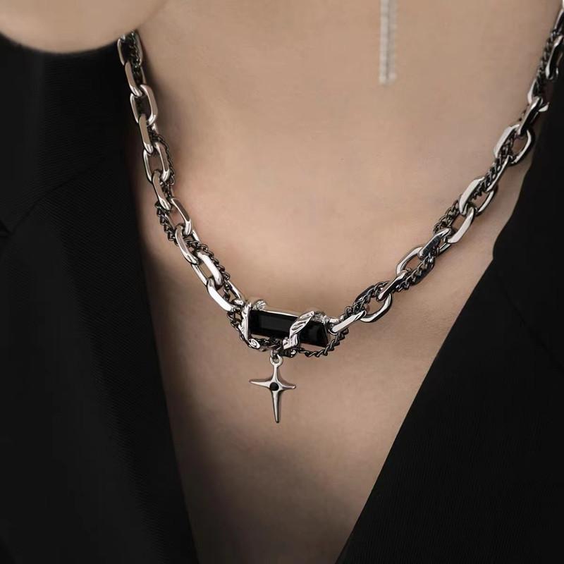 

New accessories niche winding black gemstone cross splicing necklace men and women dancing titanium steel collarbone chain tide