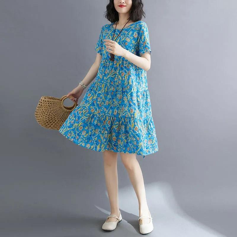 

Хлопковое платье женское летнее с принтом большого размера мягкое с баской повседневные платья XXXL