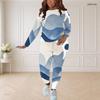 Women Plus Size Round Neck Long Sleeve Blue White Printed Fitted Two Piece Pants Set