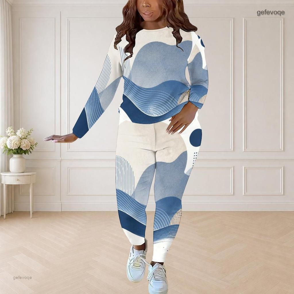 Women Plus Size Round Neck Long Sleeve Blue White Printed Fitted Two Piece Pants Set