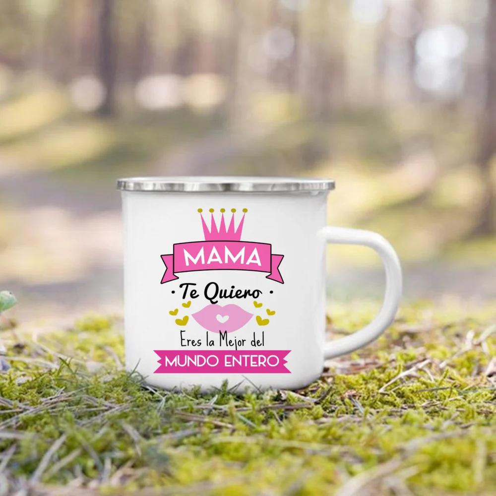 Best Mom & Dad In The Word Spanish Printed Mug Creative Coffee Cups Camping Enamel Cup Festive Birthday Gifts for Mother Father