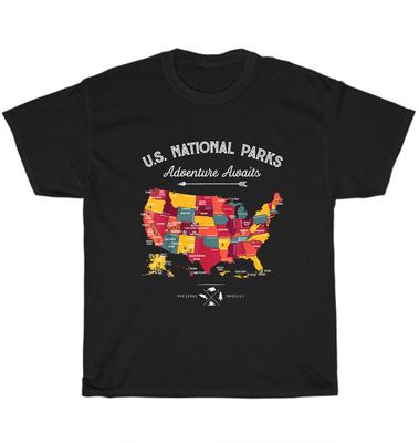 US National Parks Map Adventure Awaits Vintage Camping Hiking T-Shirt Unisex NEW