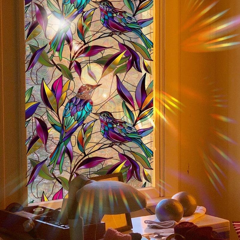 Colorful Bird Leaves Electrostatic Stickers for Window Displays Glass Sticker Double-sided Printing Visible