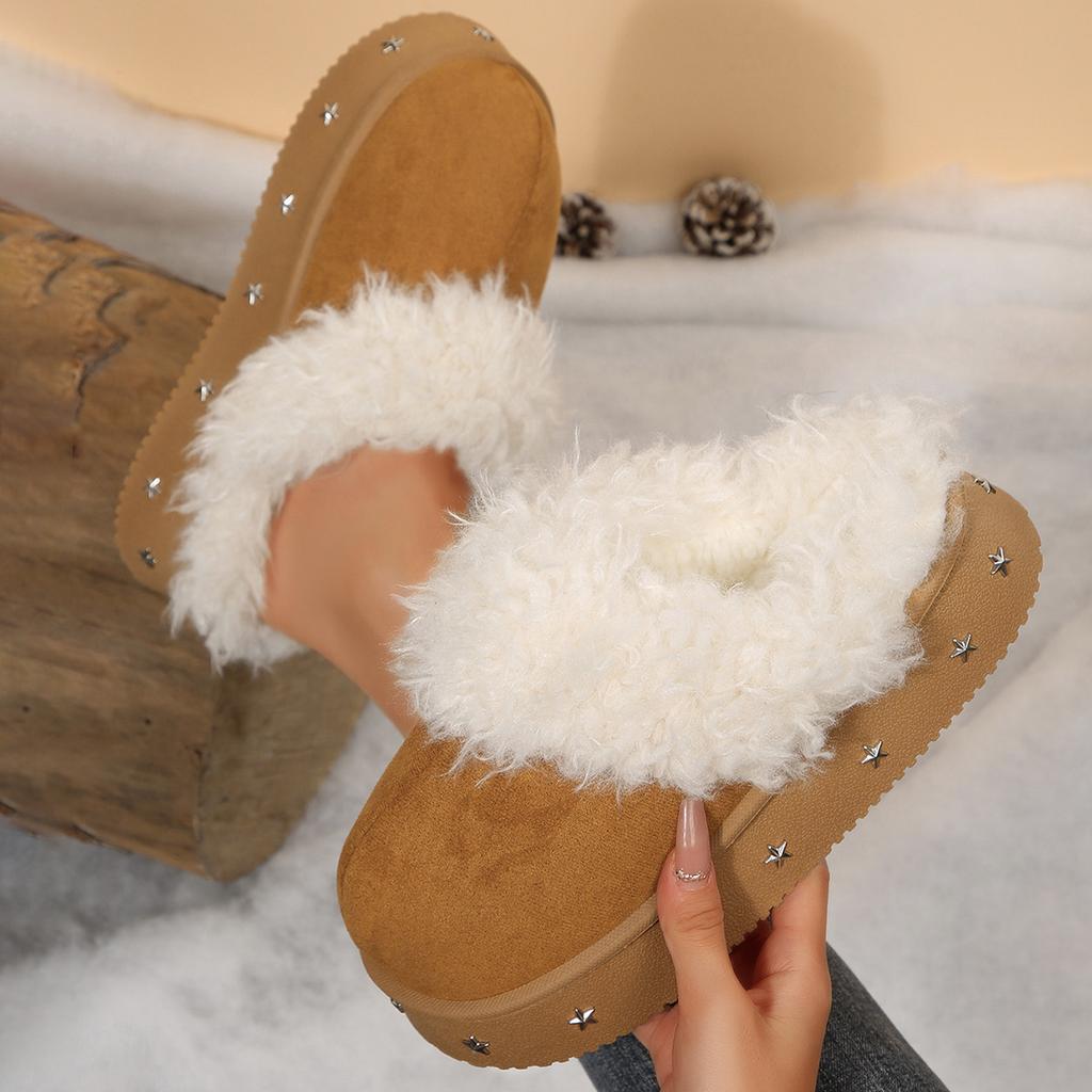 Women's Furry Cotton Slippers Star Decors Platform Sole Winter Warm Slip on Slides Cover Toe Outdoor Indoor Comfort House Shoes