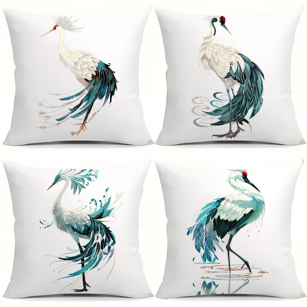 4Pcs Elegant Crane Artwork Digital Printing Pillow Cover Short Plush Suitable Living Rooms Bedrooms Sofas Throw Cushion Cover