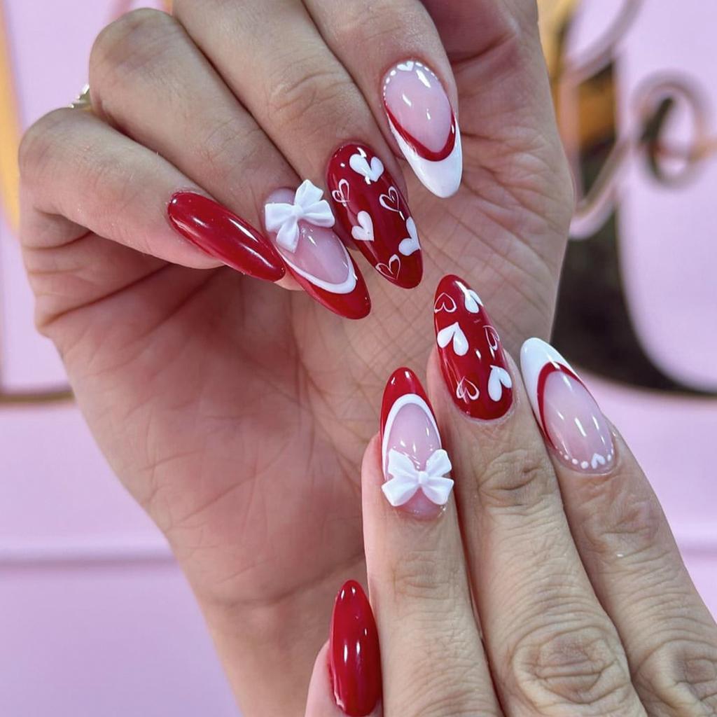 24Pcs Sweet Pink French Tip Polka Dot Nails With 3D White Bow Almond Shape False Nails Detachable Press On Nails For Women