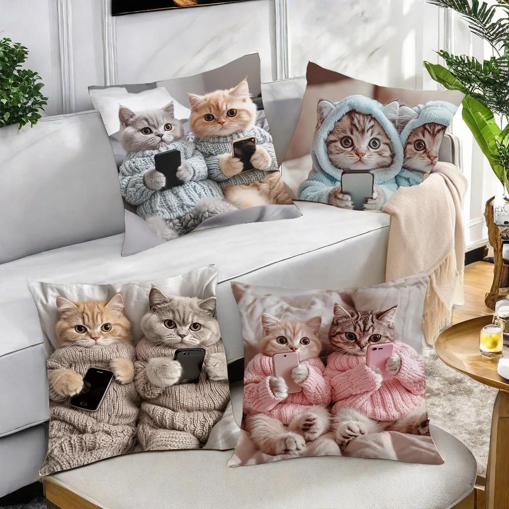 Monika Chen Unisex Cute Cats With Phone Pillow Cover Short Plush Polyester Cushion Case Decor Throw Pillowcase Home Deco