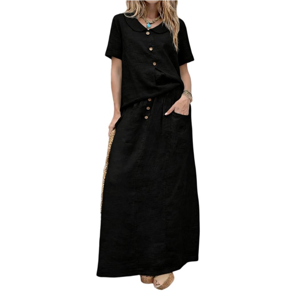 Dámský módní volný dvoudílný ležérní set z bavlněno-lněné směsi: top a sukně