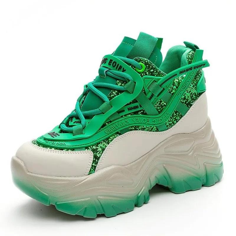9CM Green Luxury Designer Sneakers On Platform Sports Shoes For Women 2025 New Thick Bottom Wedding Shoes High Heel