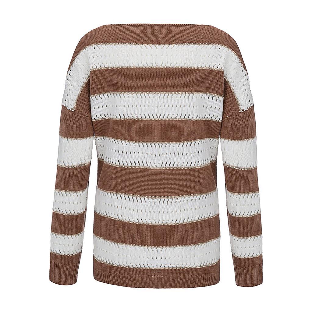 Fashion Women V-neck Long Sleeve Hollow Out Striped Print Knitted Sweater Top
