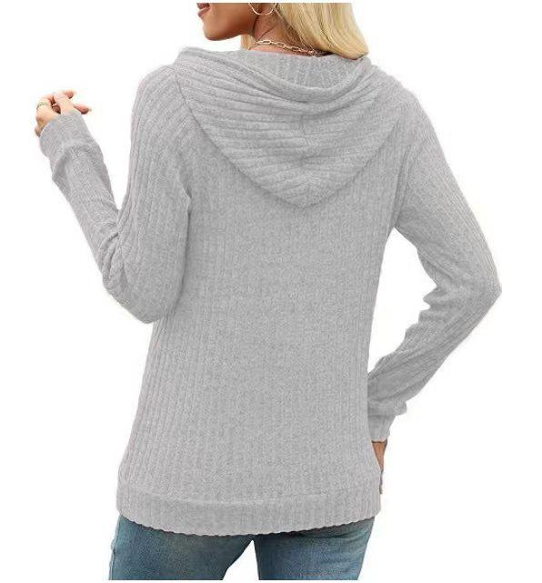2025 Autumn/Winter Women's Solid Color Ribbed Knit Hoodie Sweater