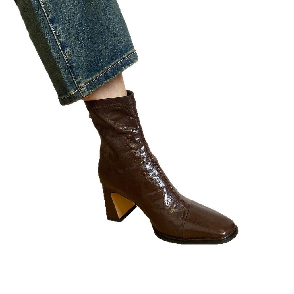 Whole Sheepskin~ Temperament Thin Boots High Heel 7CM Short Boots Women's Thick Heel 2025 New French Retro Square Head Black Boots