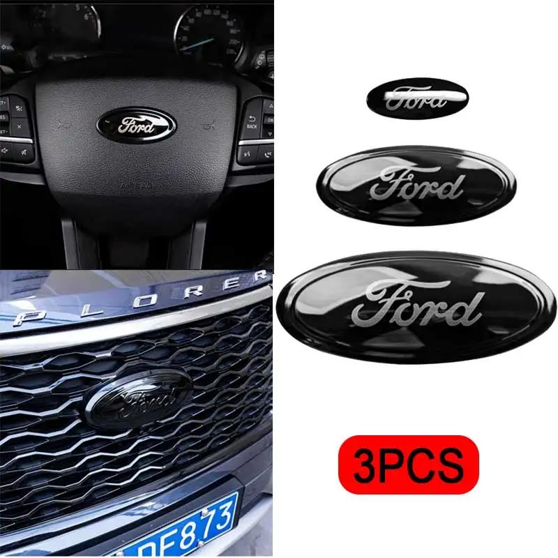 3PCS Car Front Hood Emblem Rear Decal for Ford Focus DFFJHN7 Edge Mondeo Everest Taurus Exolorer Escape ESCORT Steering Wheel Sticker