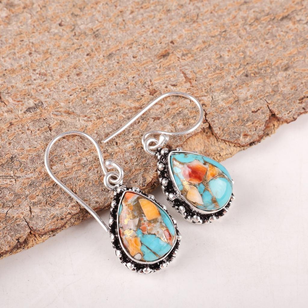 Natural Spiny Oyster Gemstone 925 Sterling Silver Jewelry Dangle Earrings 1.41" EE-97-38
