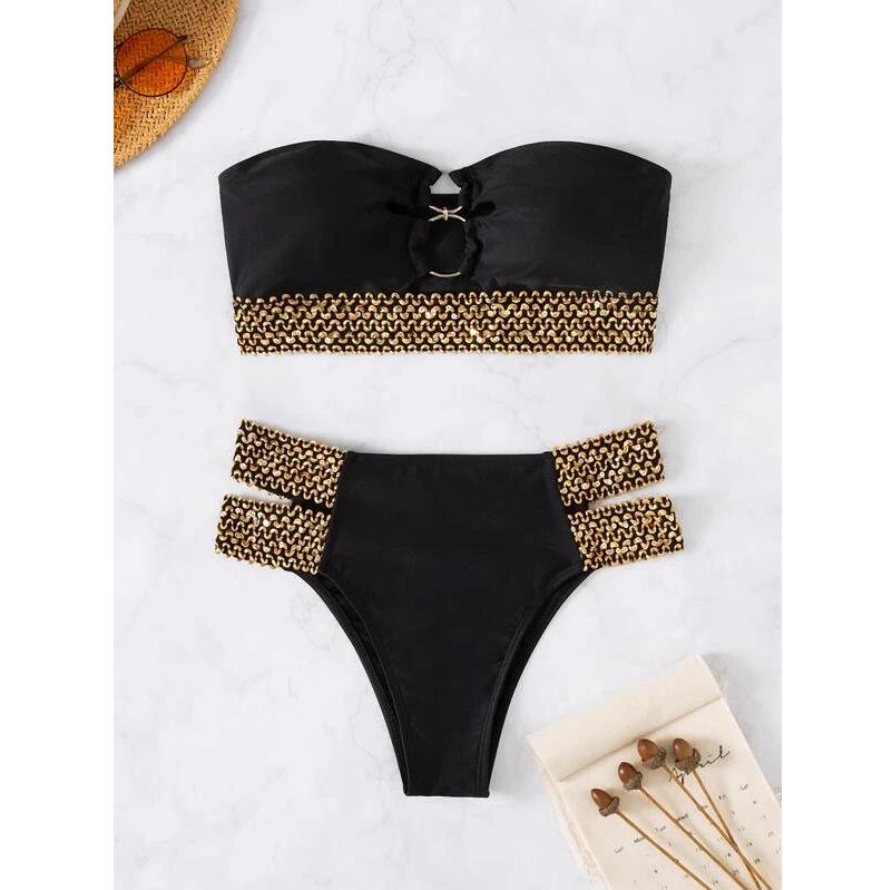 

Европейский и американский раздельный купальник 2024: Сексуальное бикини с вырезами для женщин Small чёрный