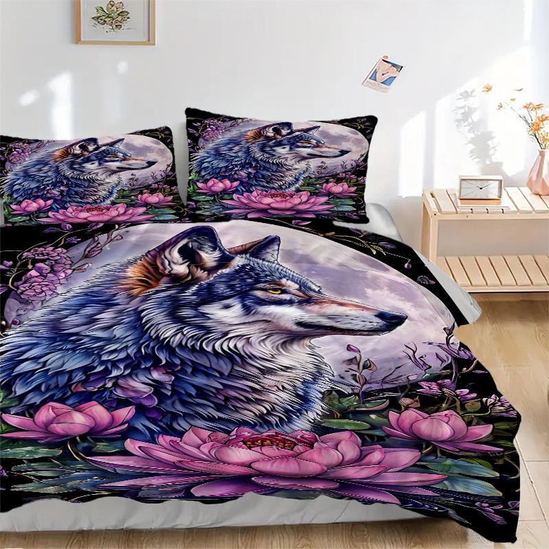 

3pcs Wolf Lotus Flower Duvet Cover Set - Includes 1 Duvet Cover and 2 Pillowcases, No Quilt Core, All-Season Home Decor yy251111004 135x200cm