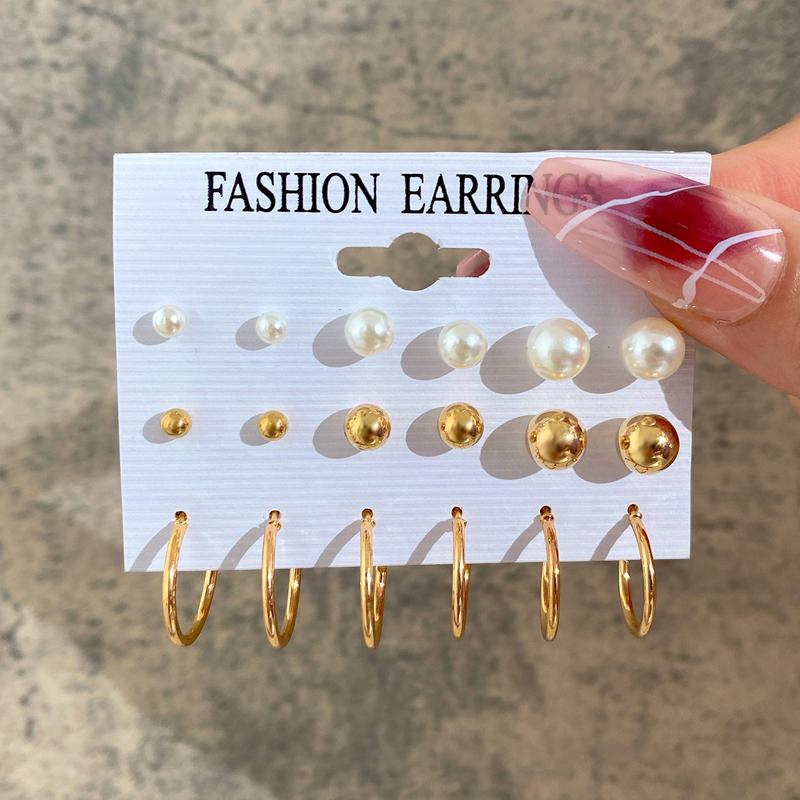 New Gold Color Big Circle Hoop Earring Set for Women Fashion Bohemia Vintage Pearl Earring Heart Zircon Ear Studs Jewelry Gifts