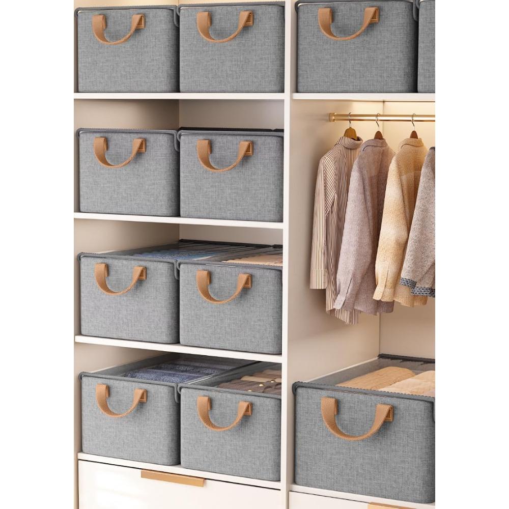 Closet Clothes Organizer Bins 6 Pc, Fabric Box Storage Shelf Bins Stackable, Foldable Closet Shelf Storage Container with Lid