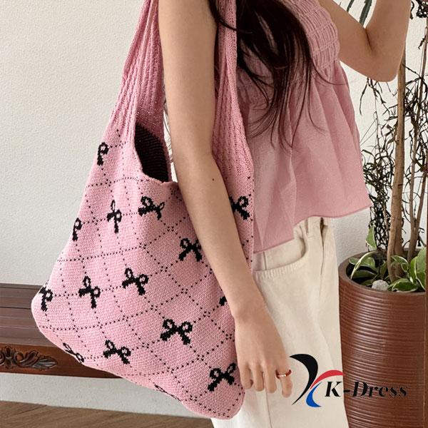 Kareli Kurdele Nakışı Örgü Hobo Çanta 3 Renk