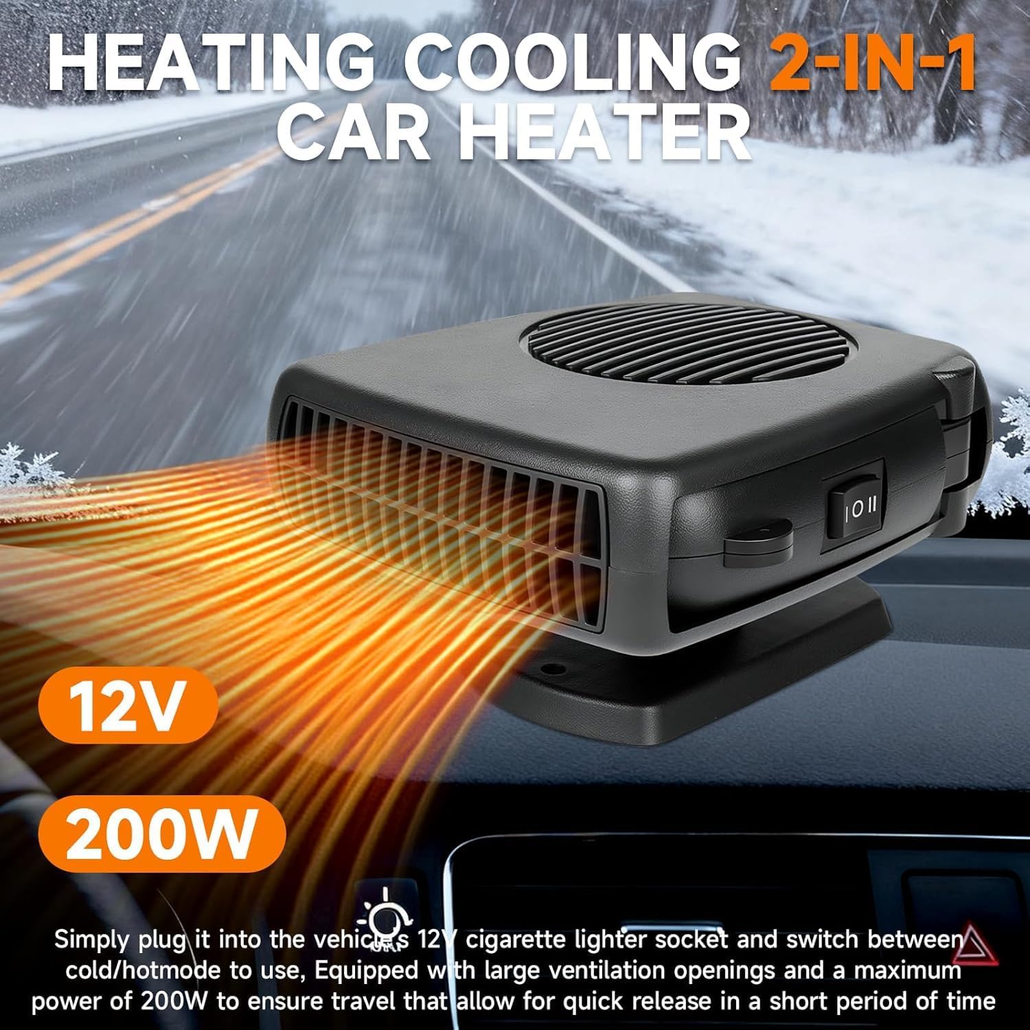 Portable Car Heater, 12v 200W Car Heater and Defroster, Windshield Defogger, 12 Volt That Plugs Into Cigarette Lighter, 2-in-1 Car Heaters for