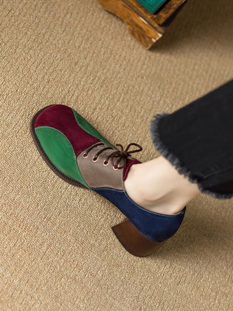 2025 nowe buty damskie głębokie wycięcie buty na średnim obcasie gruby obcas okrągły nosek kolorowe sznurowane modne krzyżowe paski damskie