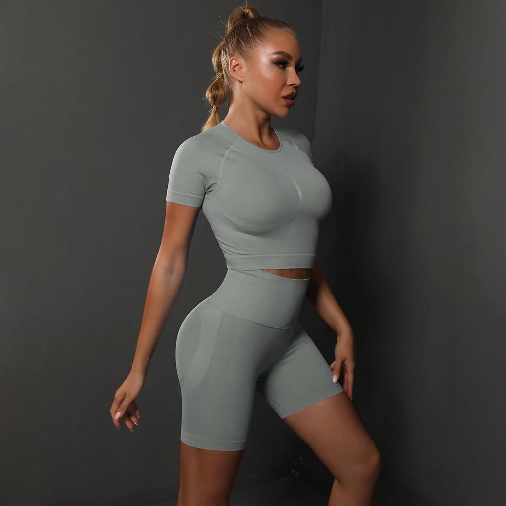 Seamless Peach Butt Solid Color Elastic Yoga Shorts & Short Sleeve Top Set