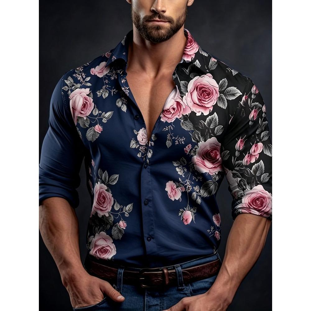 Men's Contrasting Rose Print Long Sleeved Shirt with Slim Fit Collar Shirt for Vacation Parties and Street Fashion Tops