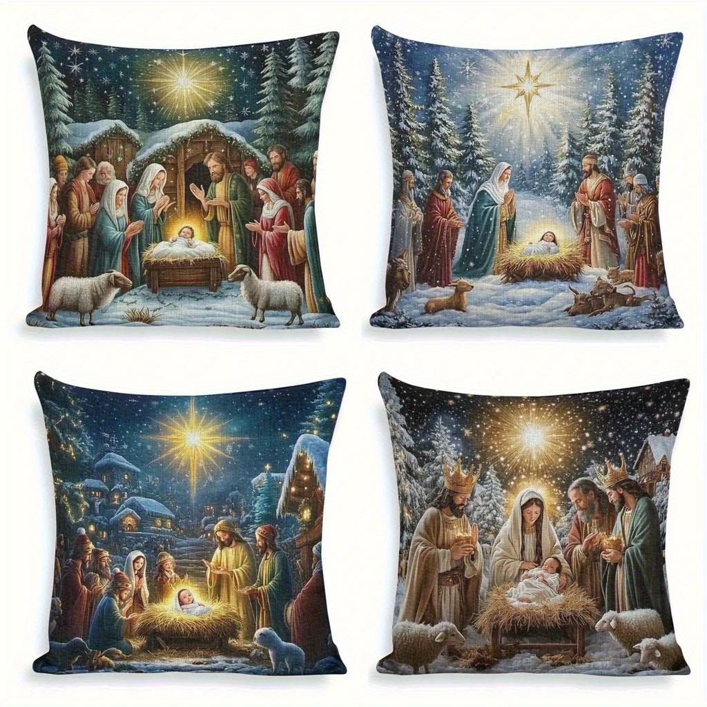 4-piece Floral Polyester Decorative Pillowcase Set, Featuring a Christmas Scene - Machine Washable, Ideal for Daily Use