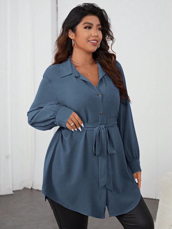 European-American Elegant Long-Sleeve Lapel Button Tie Women's Mid-Length Shirt